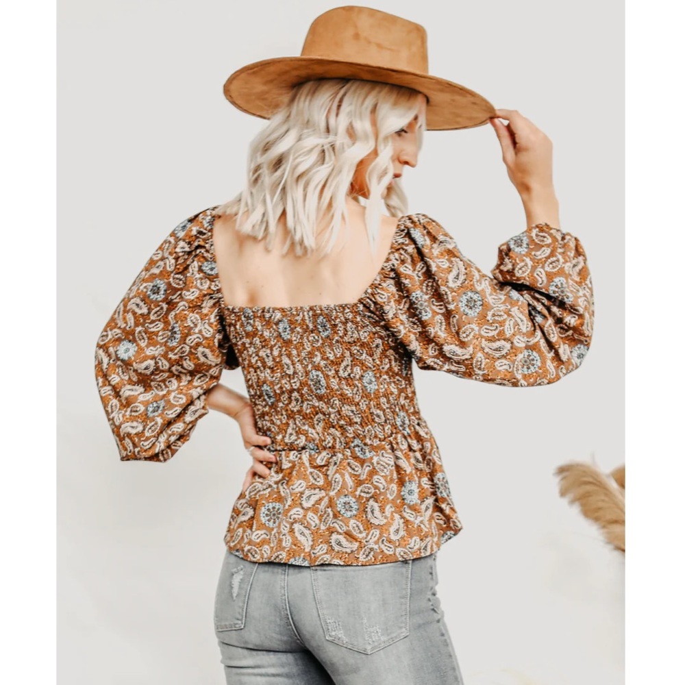 Blu Pepper Rust Paisley Smocked Square-Neck Peplum Blouse